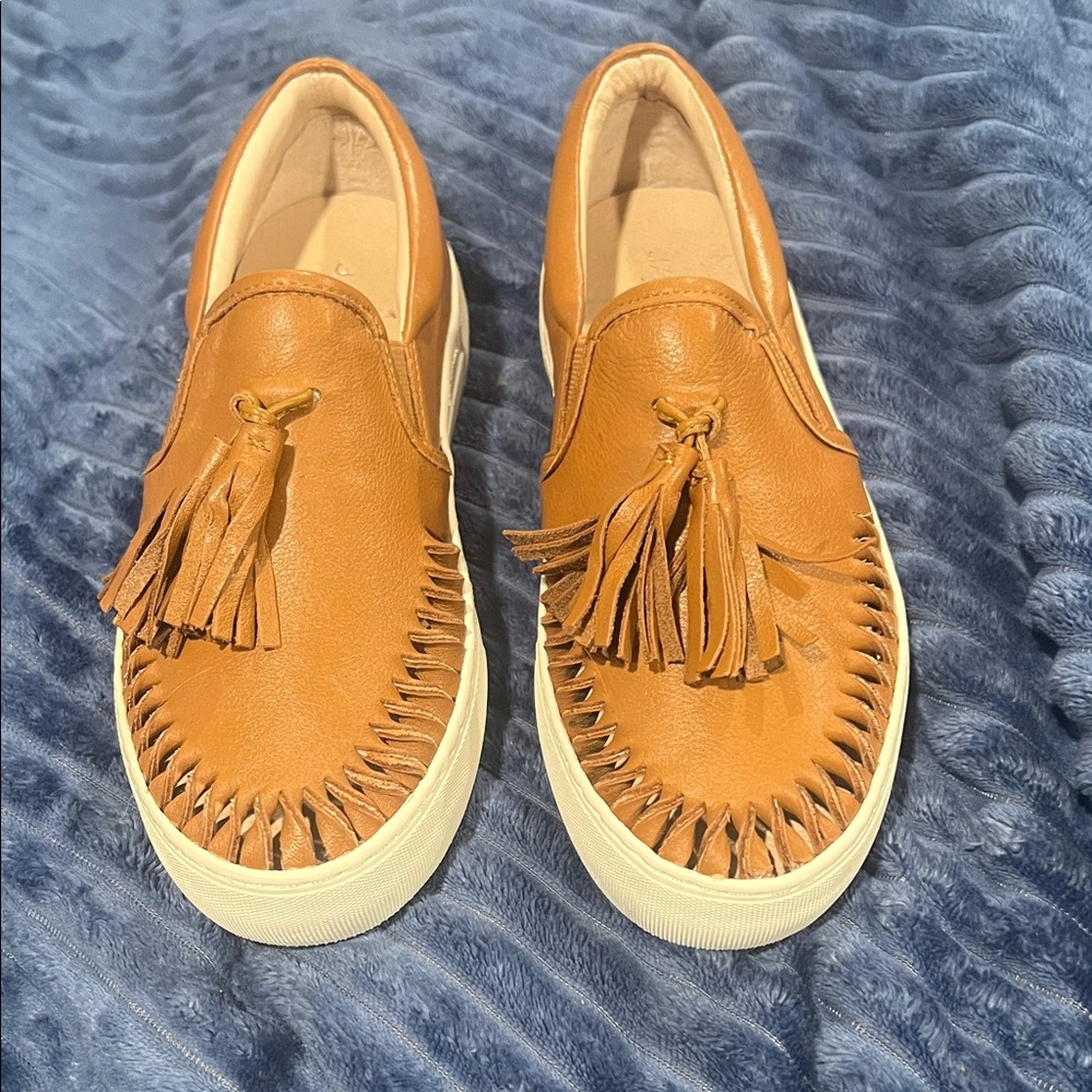 J Slides Tan Leather Tassel Slip-On Loafers